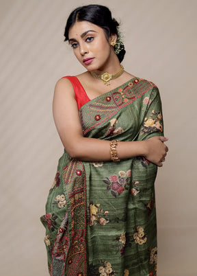 Green Tussar Pure Silk Saree With Blouse Piece - Indian Silk House Agencies