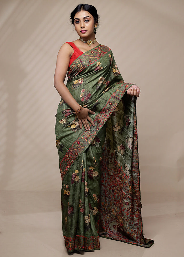 Green Tussar Pure Silk Saree With Blouse Piece - Indian Silk House Agencies