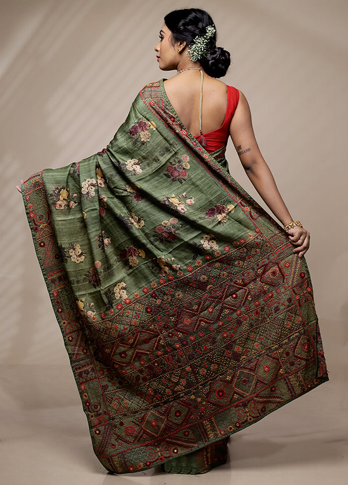 Green Tussar Pure Silk Saree With Blouse Piece - Indian Silk House Agencies