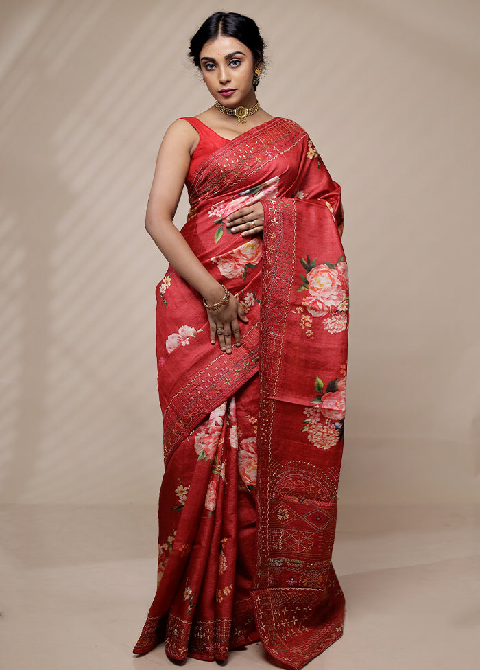 Red Tussar Pure Silk Saree With Blouse Piece - Indian Silk House Agencies