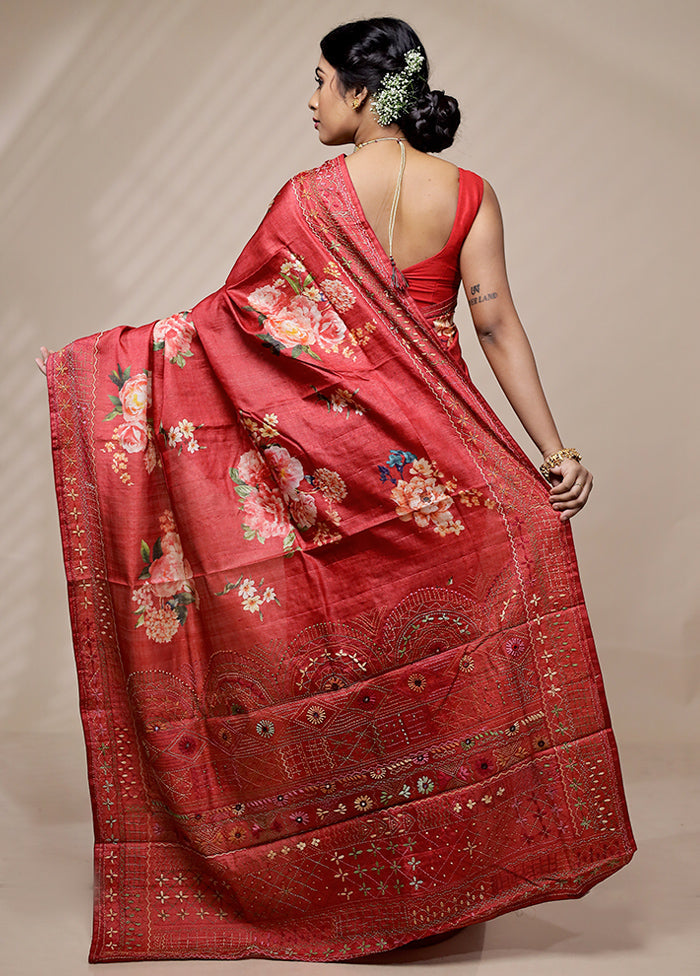 Red Tussar Pure Silk Saree With Blouse Piece - Indian Silk House Agencies