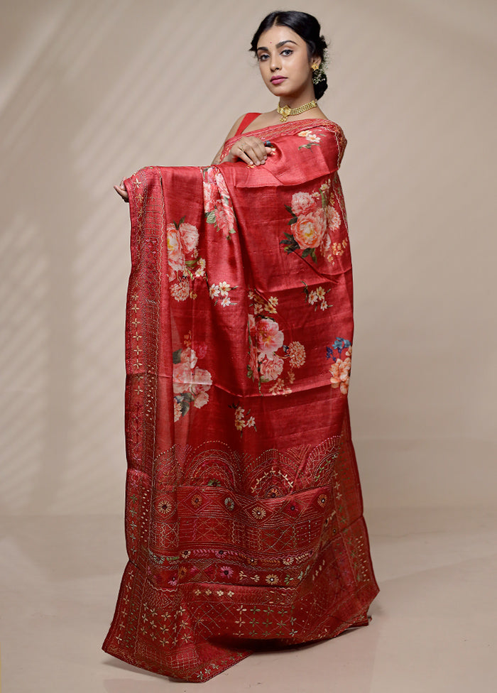 Red Tussar Pure Silk Saree With Blouse Piece - Indian Silk House Agencies