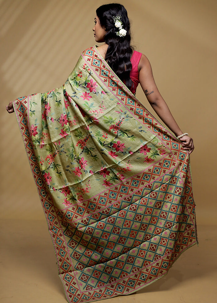 Green Tussar Pure Silk Saree With Blouse Piece - Indian Silk House Agencies