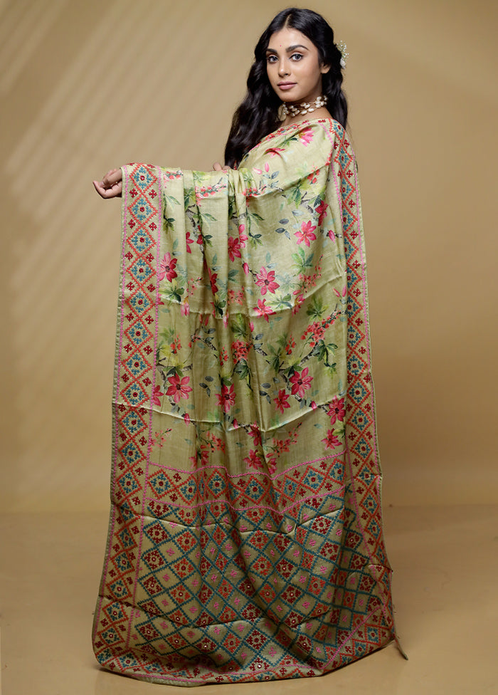 Green Tussar Pure Silk Saree With Blouse Piece - Indian Silk House Agencies