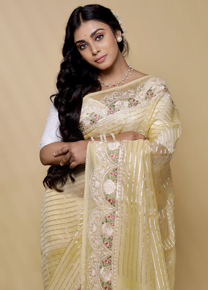 Cream Pure Organza Saree With Blouse Piece - Indian Silk House Agencies