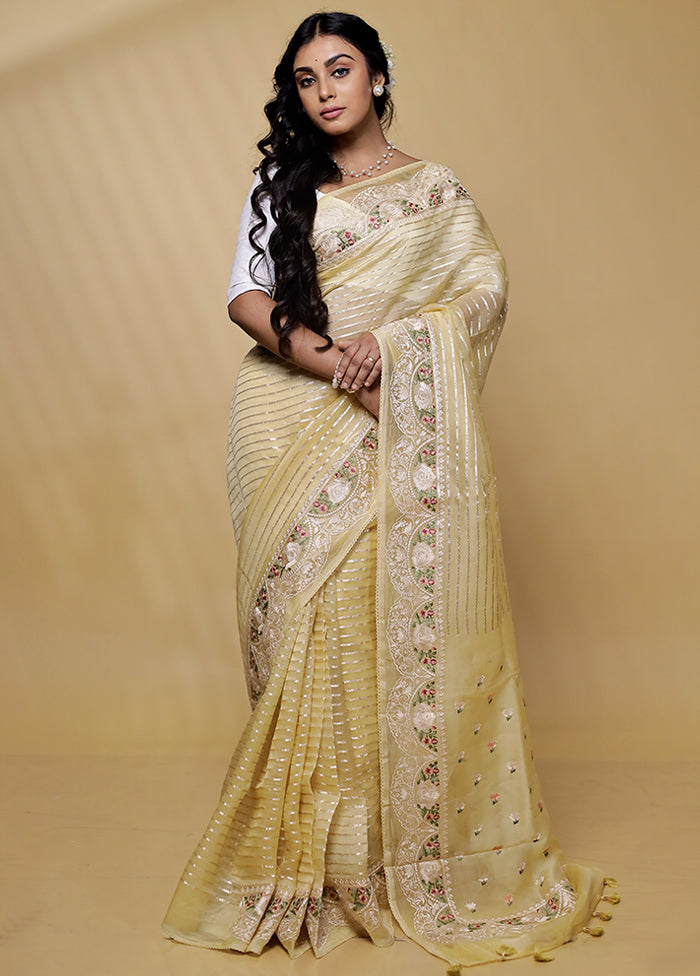 Cream Pure Organza Saree With Blouse Piece - Indian Silk House Agencies