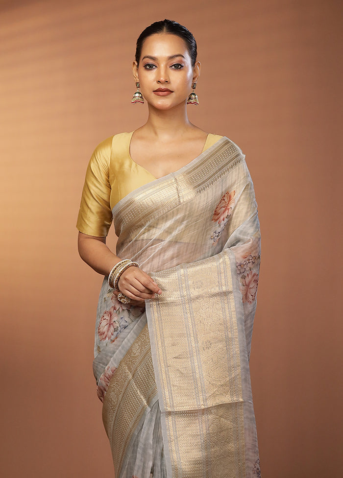 Grey Handloom Pure Organza Saree With Blouse Piece