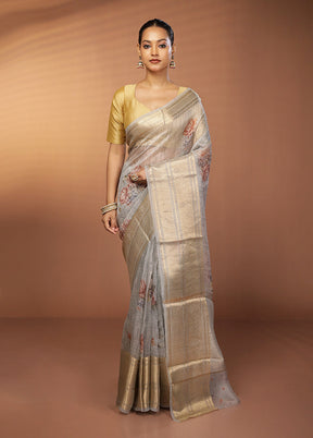 Grey Handloom Pure Organza Saree With Blouse Piece