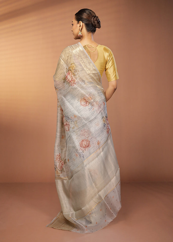 Grey Handloom Pure Organza Saree With Blouse Piece