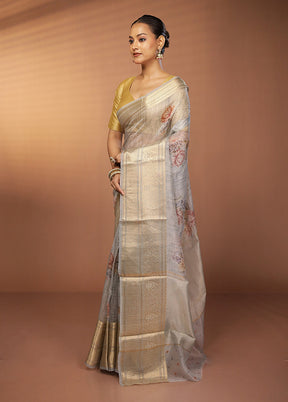 Grey Handloom Pure Organza Saree With Blouse Piece