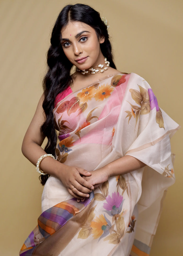 Cream Organza Saree With Blouse Piece - Indian Silk House Agencies