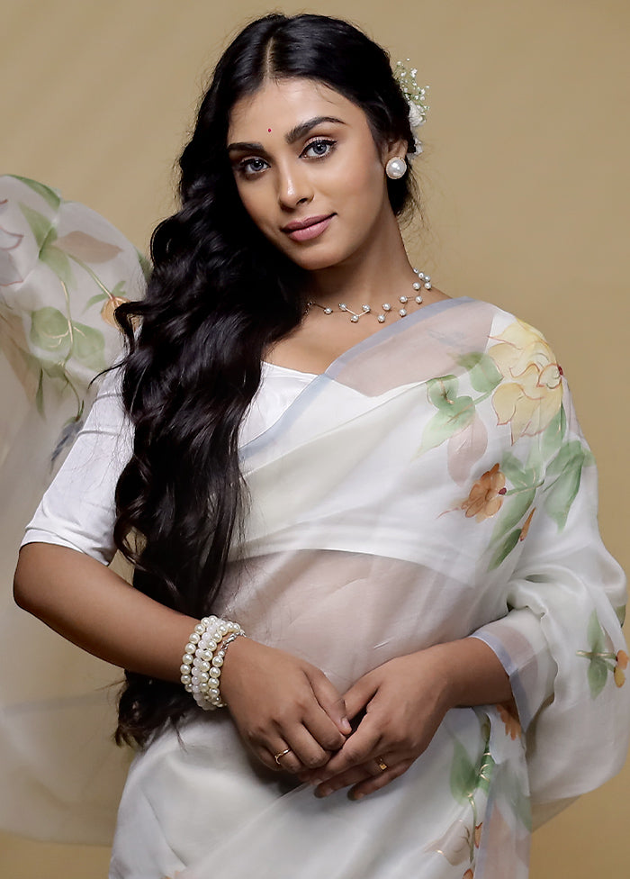 White Organza Saree With Blouse Piece - Indian Silk House Agencies