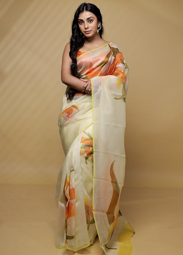 Cream Organza Saree With Blouse Piece - Indian Silk House Agencies