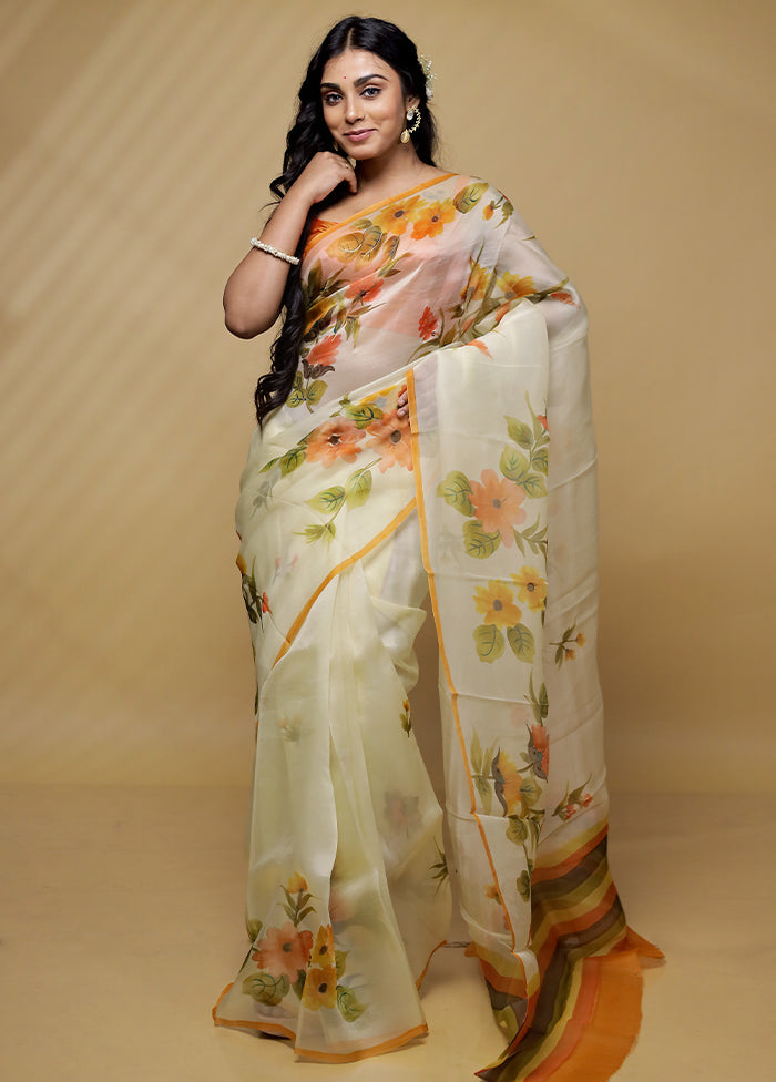 Cream Organza Saree With Blouse Piece - Indian Silk House Agencies