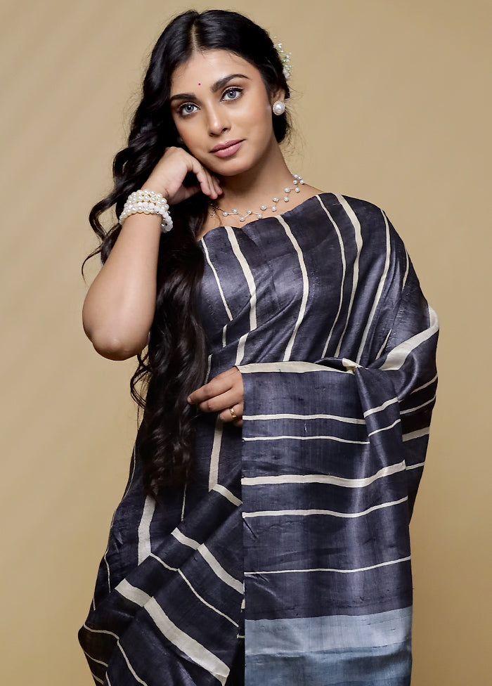 Grey Tussar Pure Silk Saree With Blouse Piece - Indian Silk House Agencies