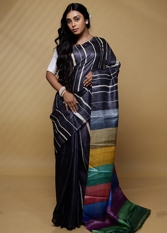 Grey Tussar Pure Silk Saree With Blouse Piece - Indian Silk House Agencies