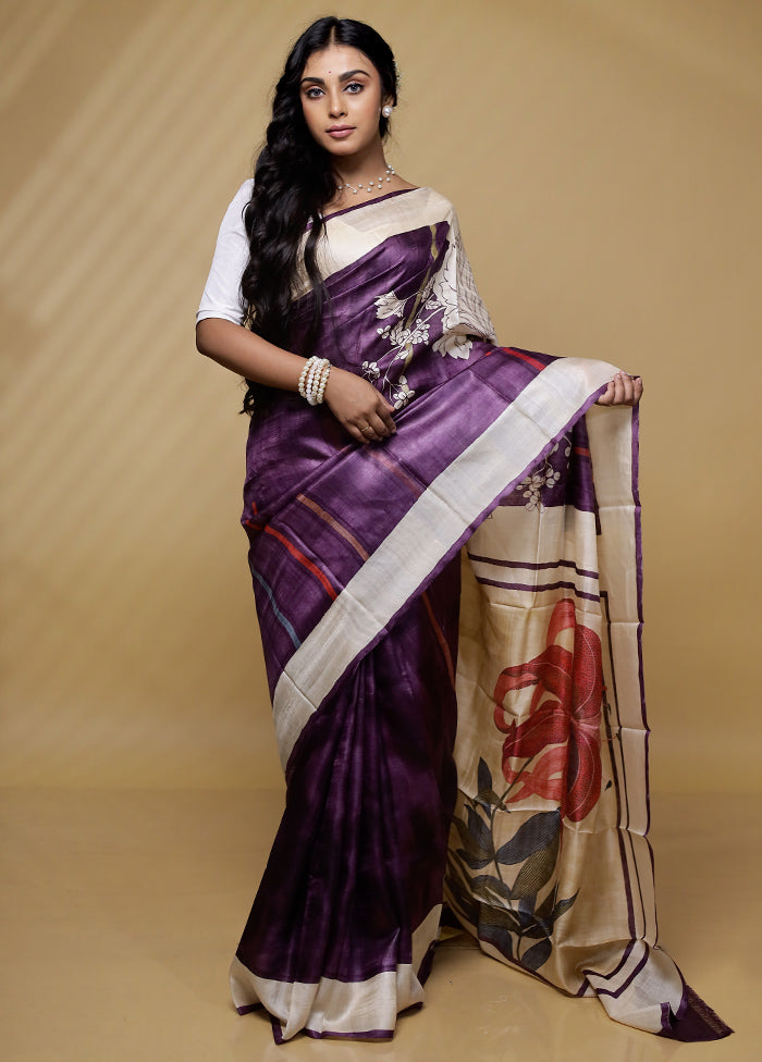 Purple Tussar Pure Silk Saree With Blouse Piece - Indian Silk House Agencies