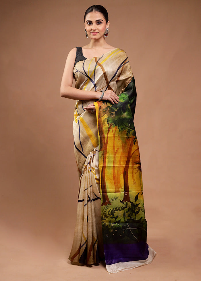 Cream Printed Pure Silk Saree Without Blouse Piece