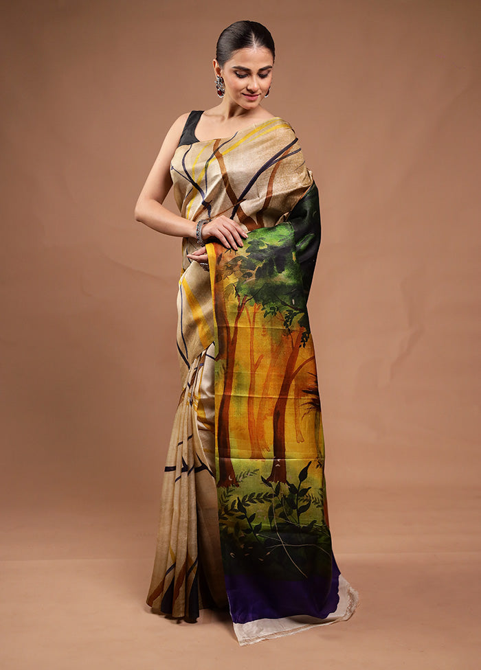 Cream Printed Pure Silk Saree Without Blouse Piece