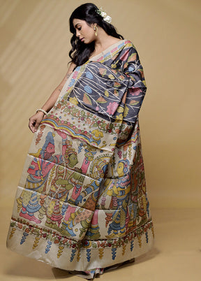 Grey Tussar Pure Silk Saree With Blouse Piece - Indian Silk House Agencies