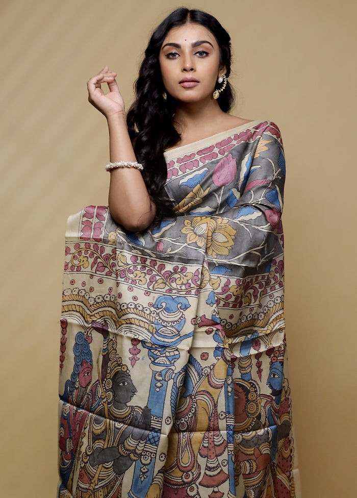 Cream Tussar Pure Silk Saree With Blouse Piece - Indian Silk House Agencies