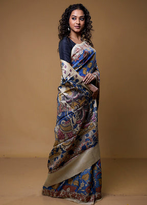 Blue Handloom Tussar Pure Silk Saree With Blouse Piece