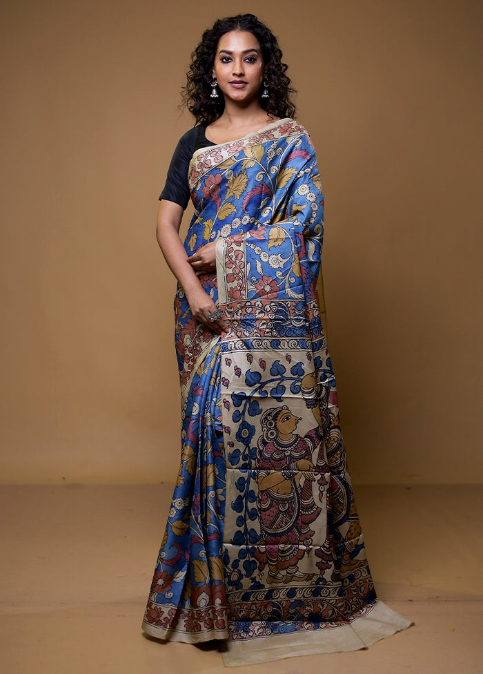 Blue Handloom Tussar Pure Silk Saree With Blouse Piece