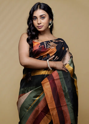 Black Printed Pure Silk Saree With Blouse Piece - Indian Silk House Agencies