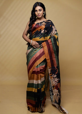 Black Printed Pure Silk Saree With Blouse Piece - Indian Silk House Agencies