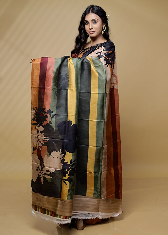 Black Printed Pure Silk Saree With Blouse Piece - Indian Silk House Agencies