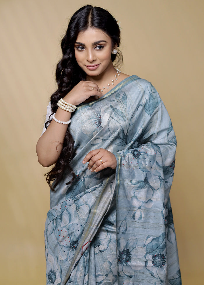 Grey Tussar Silk Saree With Blouse Piece - Indian Silk House Agencies