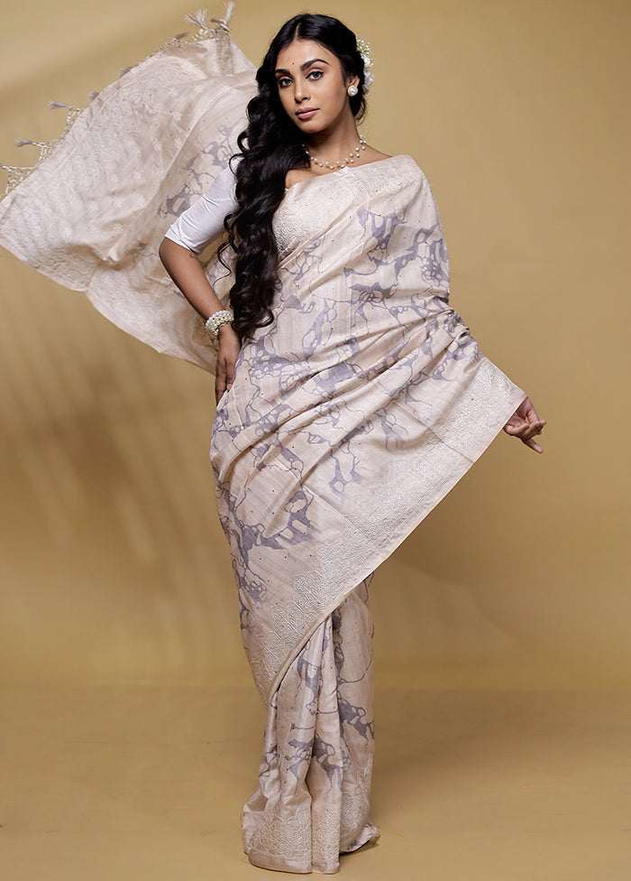 Cream Tussar Silk Saree With Blouse Piece - Indian Silk House Agencies