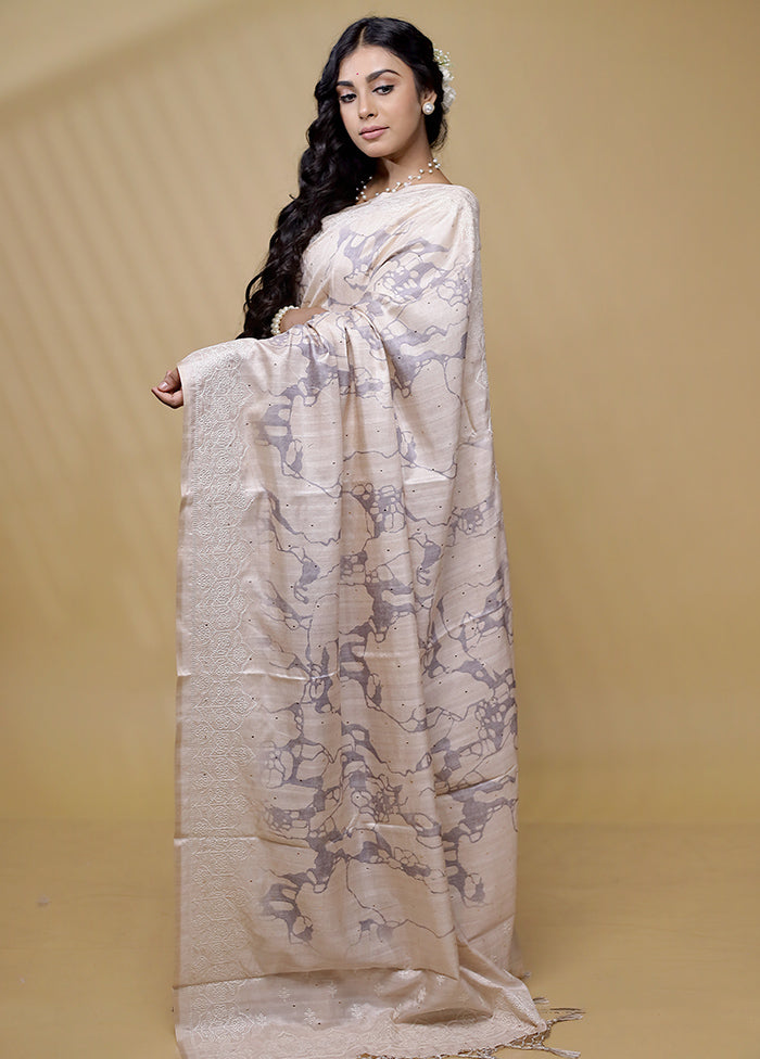 Cream Tussar Silk Saree With Blouse Piece - Indian Silk House Agencies