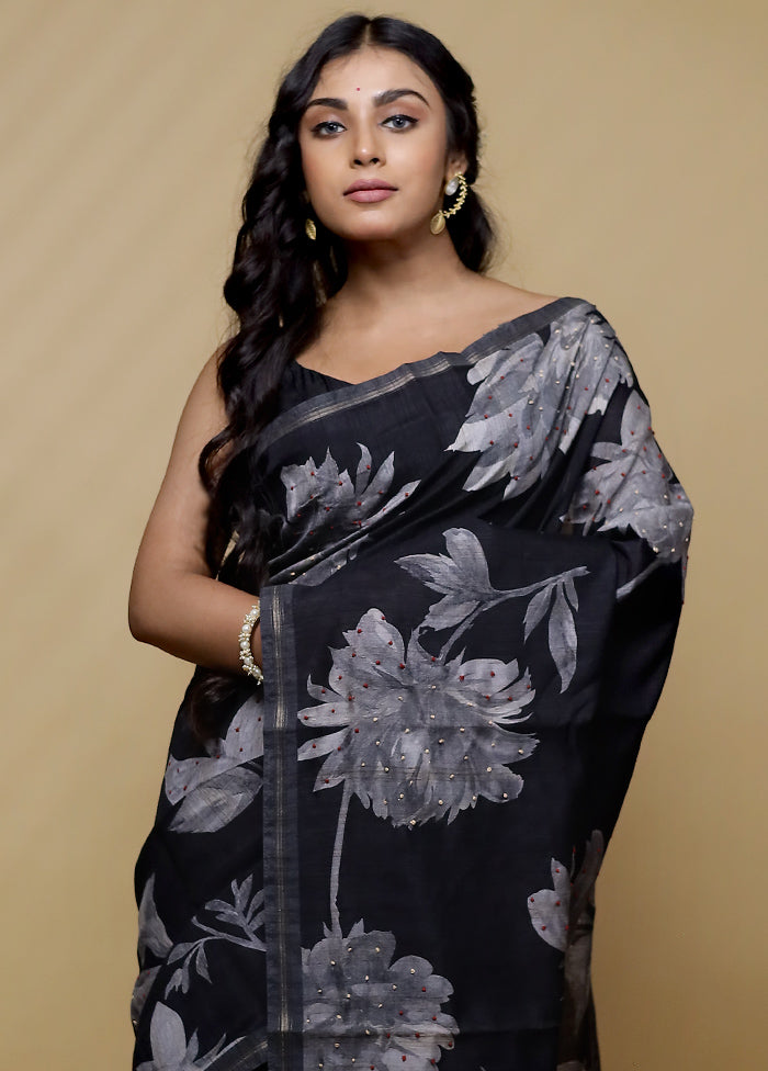 Black Tussar Silk Saree With Blouse Piece