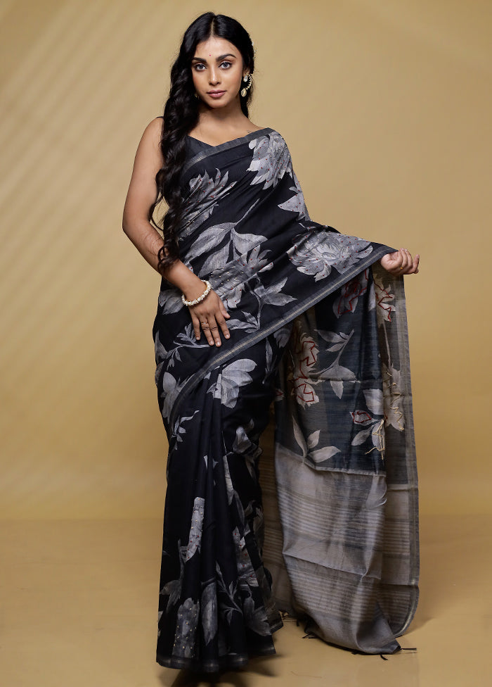 Black Tussar Silk Saree With Blouse Piece