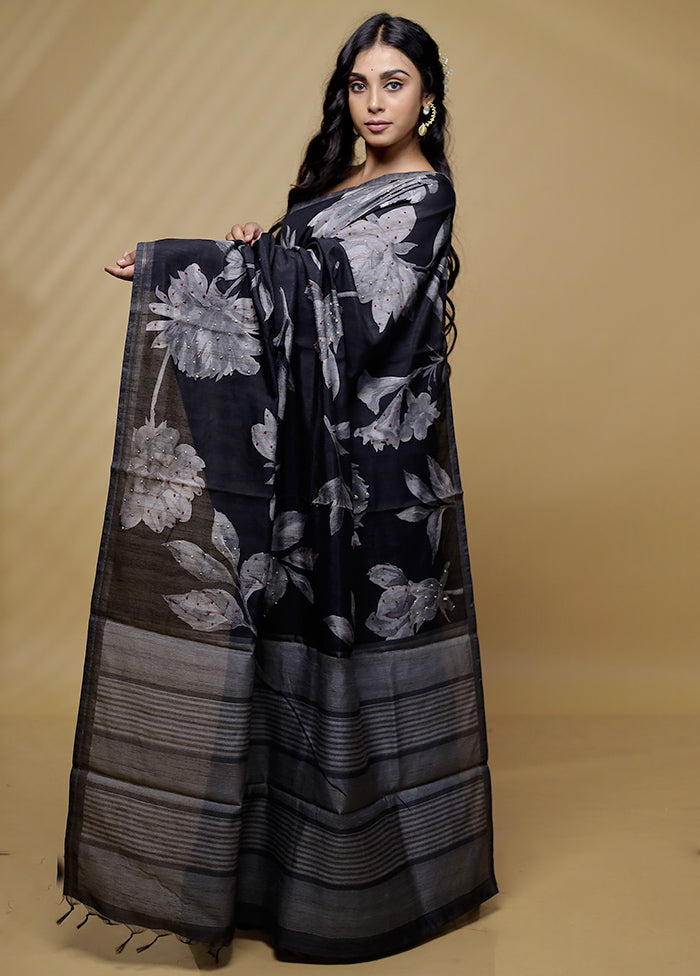 Black Tussar Silk Saree With Blouse Piece