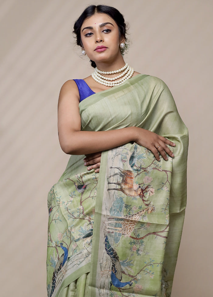 Green Tussar Silk Saree With Blouse Piece - Indian Silk House Agencies