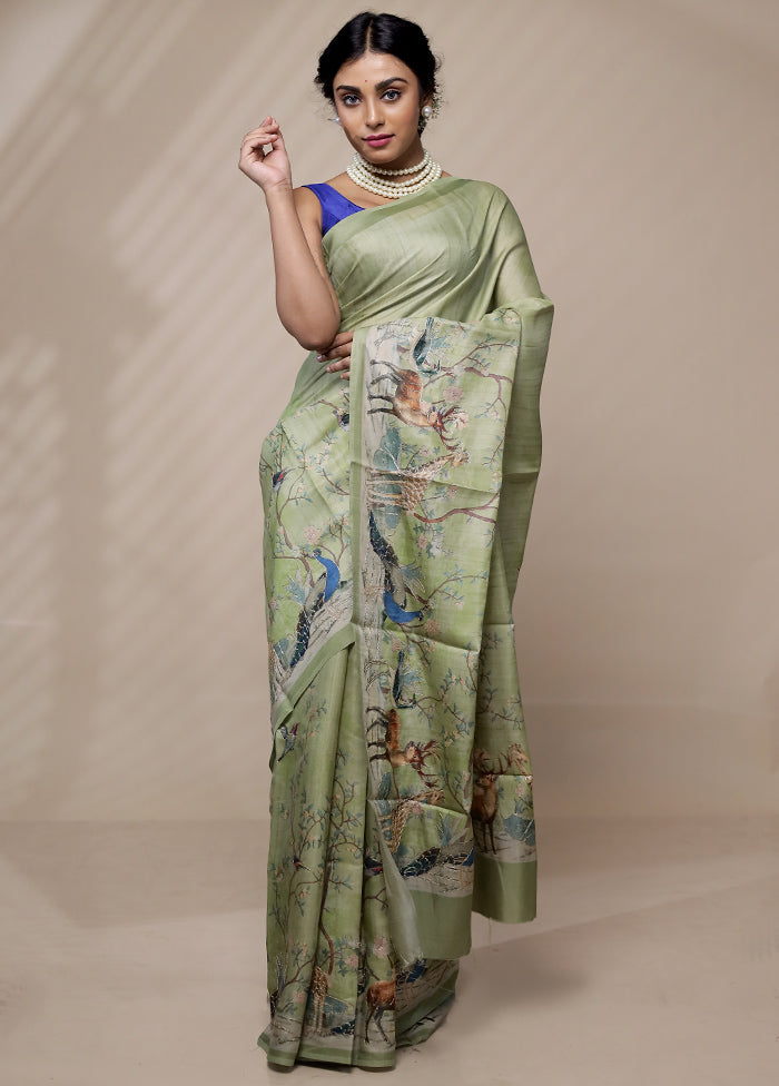 Green Tussar Silk Saree With Blouse Piece - Indian Silk House Agencies