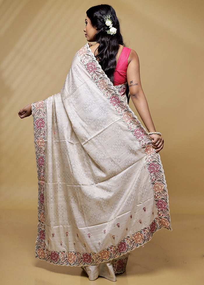 Cream Tussar Silk Saree With Blouse Piece - Indian Silk House Agencies