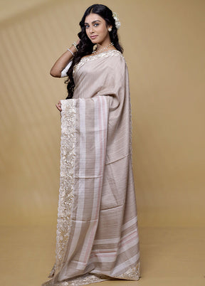 Cream Tussar Silk Saree With Blouse Piece - Indian Silk House Agencies