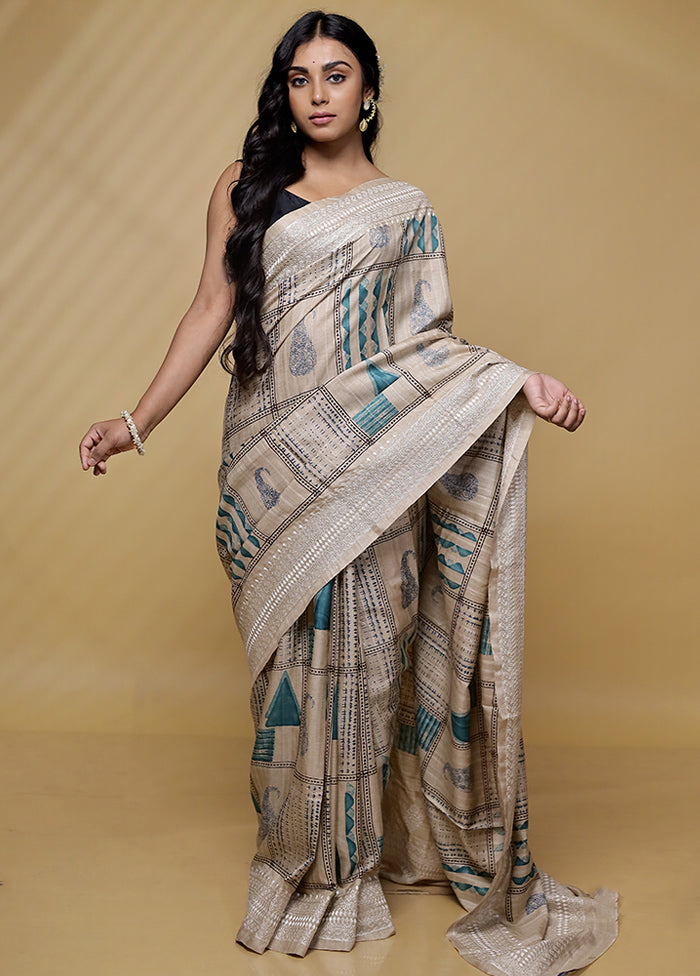 Cream Tussar Silk Saree With Blouse Piece - Indian Silk House Agencies