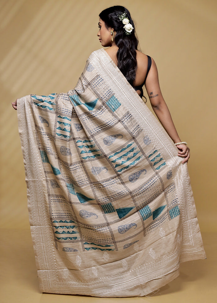 Cream Tussar Silk Saree With Blouse Piece - Indian Silk House Agencies