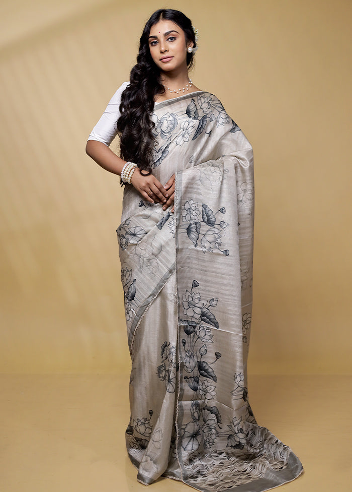 Cream Tussar Silk Saree With Blouse Piece - Indian Silk House Agencies