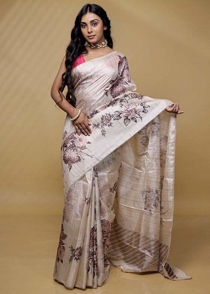 Cream Tussar Silk Saree With Blouse Piece - Indian Silk House Agencies