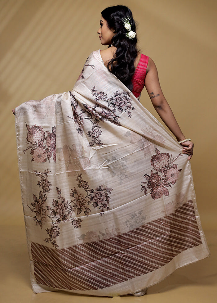 Cream Tussar Silk Saree With Blouse Piece - Indian Silk House Agencies