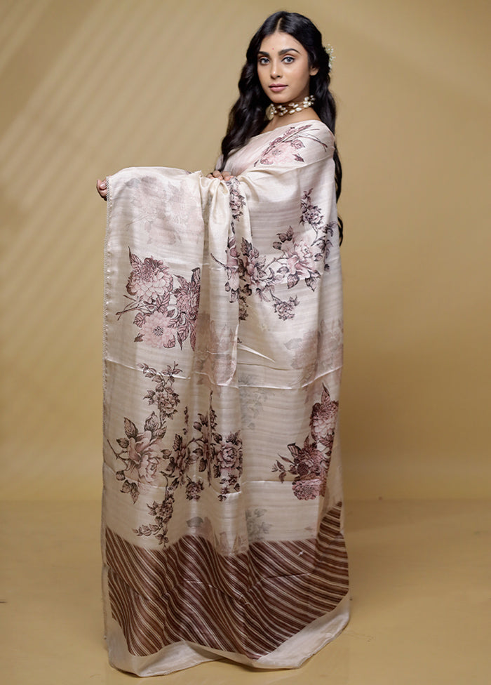 Cream Tussar Silk Saree With Blouse Piece - Indian Silk House Agencies