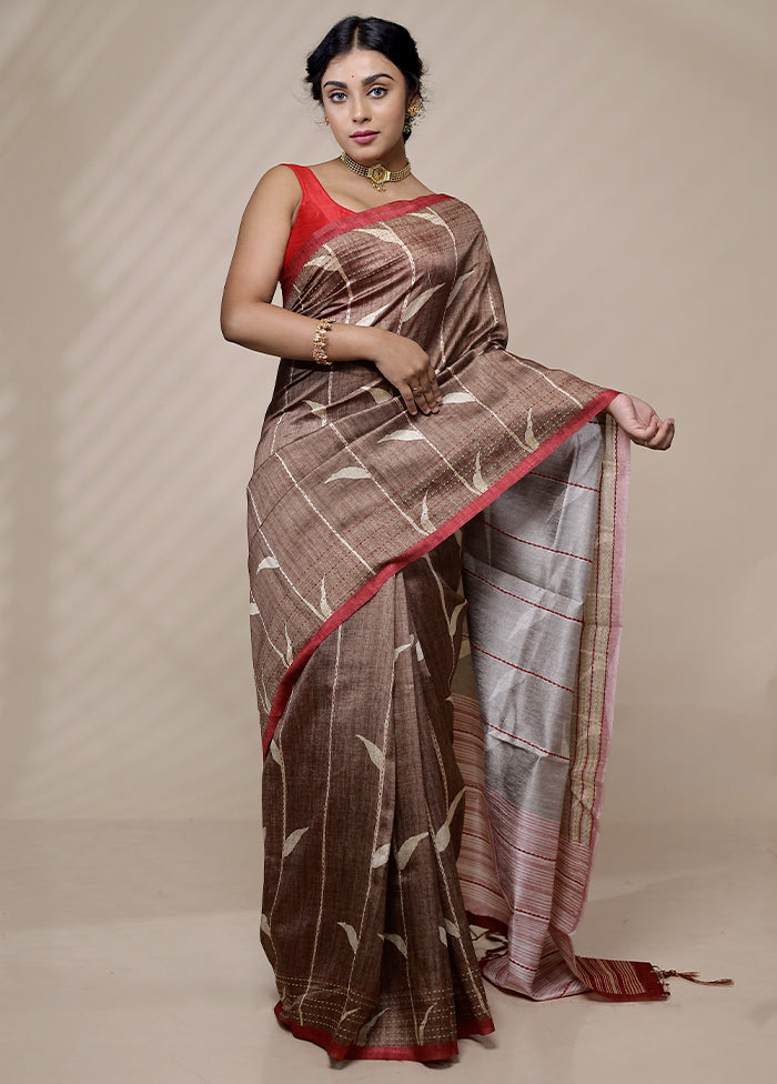 Brown Tussar Silk Saree With Blouse Piece - Indian Silk House Agencies