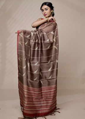 Brown Tussar Silk Saree With Blouse Piece - Indian Silk House Agencies