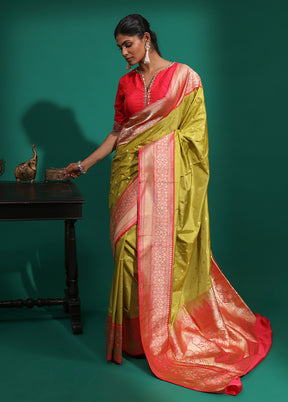 Green Handloom Katan Pure Silk Saree With Blouse Piece