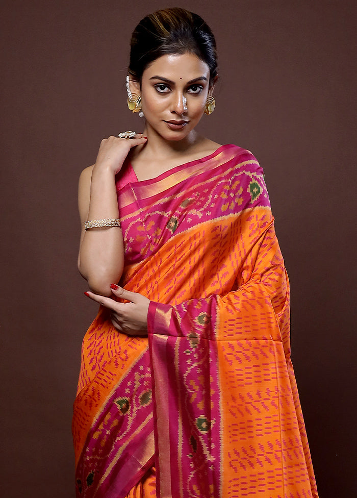 Orange Pochampally Pure Silk Saree With Blouse Piece - Indian Silk House Agencies